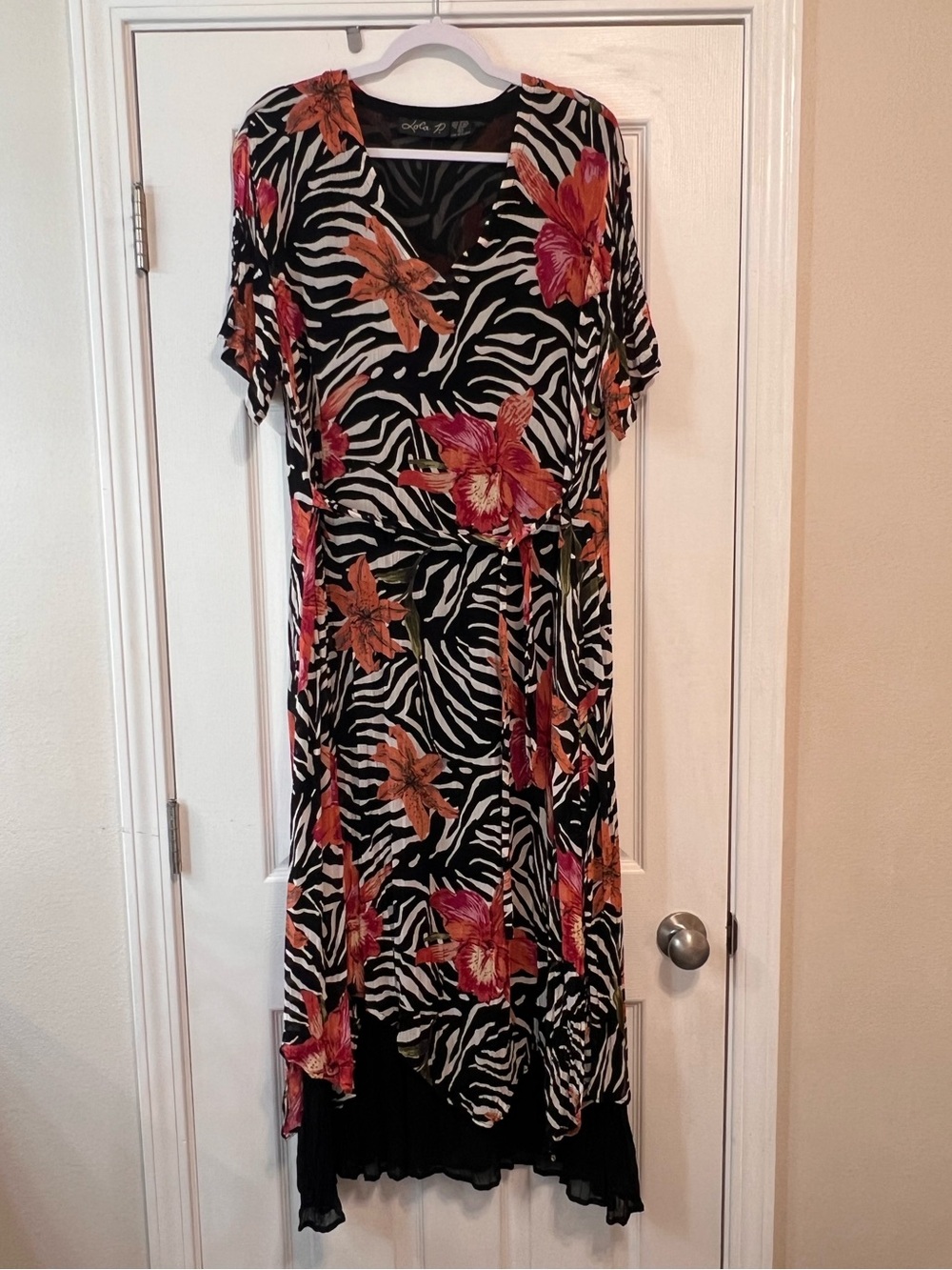 Lola P Zebra Floral Handkerchief Hem Wrap Midi Dress Large Boho Tropical